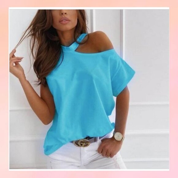 Tops - Stylish Blue One-Shoulder Casual Tee – Chic & Trendy